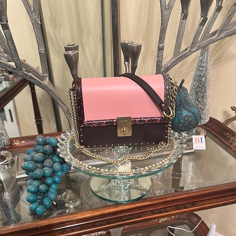 Pink and Brown Crossbody Bag with Gold Accents